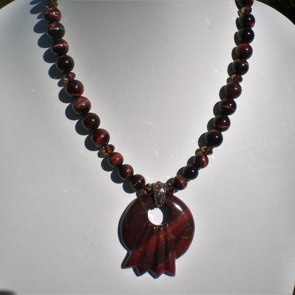 Red Tiger Eye Gemstone/Crystal Necklace; Couture, Statement Necklace; - Picture 2 of 7